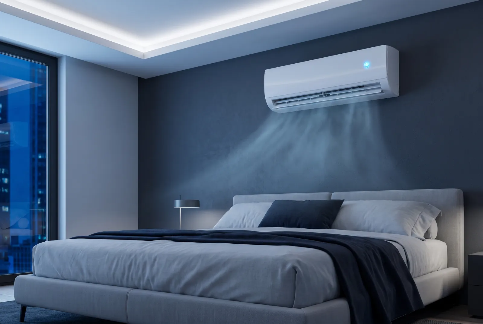 Quarto com split Hi-Wall ligado, soltando ar frio